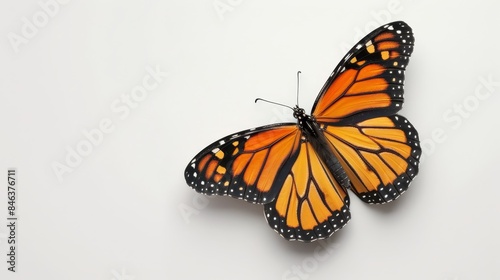  A large orange butterfly with black spots on its wings sits on a white surface One wing is faced toward the camera, while the other wing is angled away