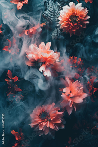  Abstract floral composition with colorful flowers and smoke, dahlias, chrysanthemums and roses in vibrant colors on dark background © ALL YOU NEED studio