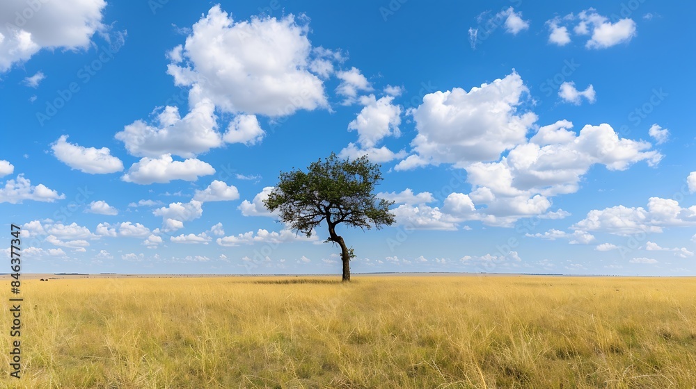 Minimal landscape of alone tree in between of Masai Mara plains and blue sky and morning clouds : Generative AI Minimal landscape of alone tree in between of Masai Mara plains and blue sky and morning clouds : Generative AI