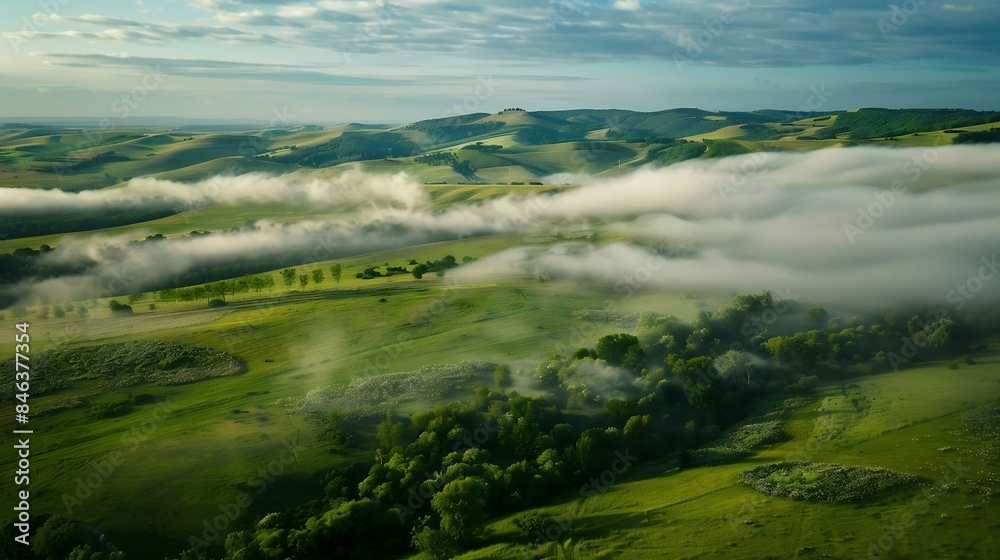 Very beautiful landscape with fog and green nature in the Republic of Moldova Rural nature in Eastern Europe : Generative AI