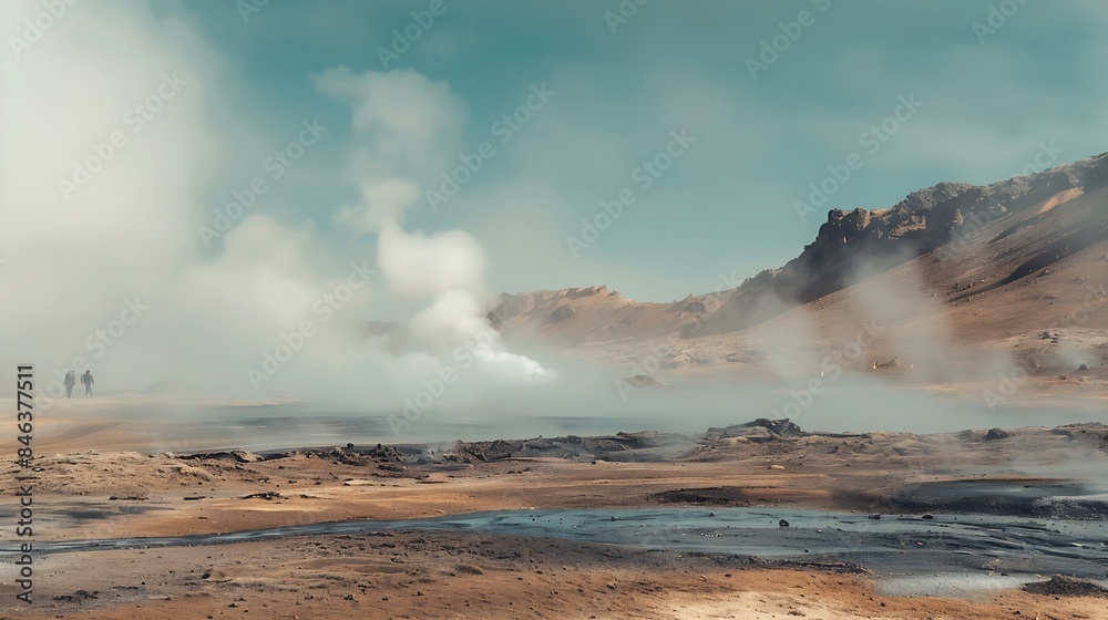 Nmafjall Geothermal Area Tourists in the distance steaming fumaroles boiling mud pots Panorama of suggestive volcanic landscape Sulfurous springs solfataras and steam springs : Generative AI