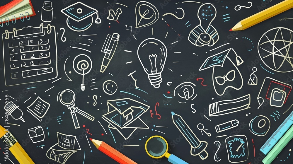 A blackboard filled with hand-drawn educational doodles, school supplies scattered around A blackboard filled with hand-drawn educational doodles, school supplies scattered around