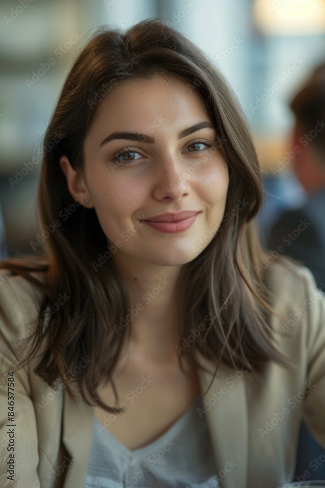 A woman with long brown hair and a tan jacket is smiling A woman with long brown hair and a tan jacket is smiling