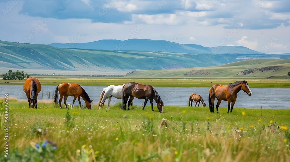 Fototapeta premium Scenic view of horses grazing in nature The river delta provides a tranquil backdrop for the animals The steppe landscape complements the natural beauty of the landscape : Generative AI