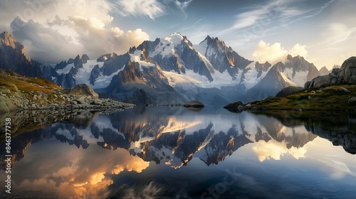 Majestic French alps landscape of Lac Blanc with Mont Blanc mountain range reflected on lake in the sunset at Haute Savoie Chamonix France : Generative AI