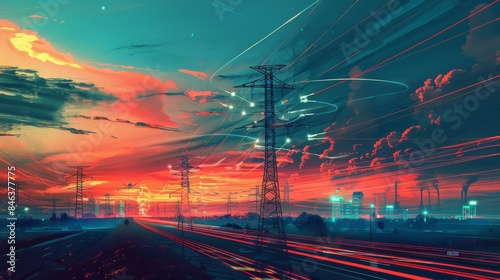 Futuristic landscape with energy towers and light trails