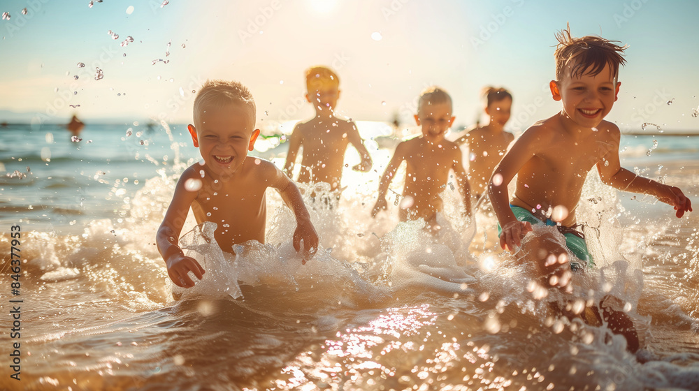 Joyful Boys Playing in the Waves at Sunset. A vibrant and heartwarming photo capturing a group of young boys enthusiastically playing and splashing in the waves on a sunny beach. Joyful Boys Playing in the Waves at Sunset. A vibrant and heartwarming photo capturing a group of young boys enthusiastically playing and splashing in the waves on a sunny beach.