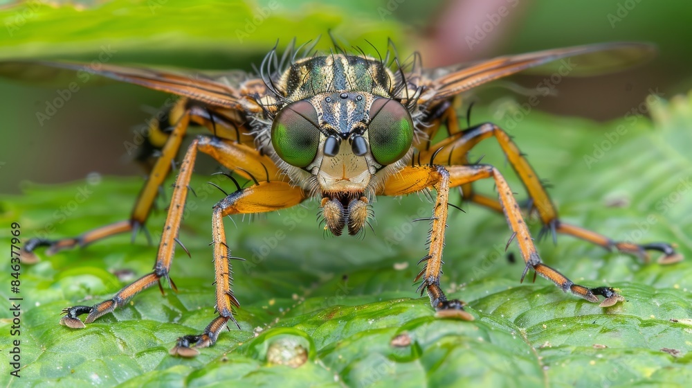Fototapeta premium A close-up of a fly on a green leaf, with water drops on its wings Background and foreground softly blurred with leaves