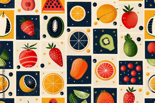 Flat geometric minimalist fruits. Bauhaus fruit composition style, modern tiles or mosaic background. Retro healthy colorful decent vector design