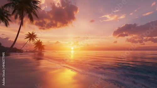 Tropical sea beach colorful sky sand sunset light sunrays Relaxing landscape horizon palm trees calm water Romantic couple travel seaside tourism Exotic shore coast nature Tranquil sum : Generative AI