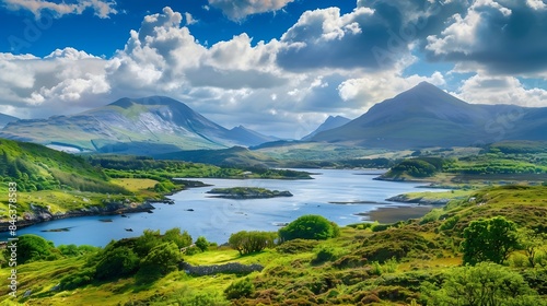 Beautiful landscape of Connemara region with Lough Nafooey in the background Scenic Irish countryside landscape with magnificent mountains on the horizon County Galway Ireland : Generative AI