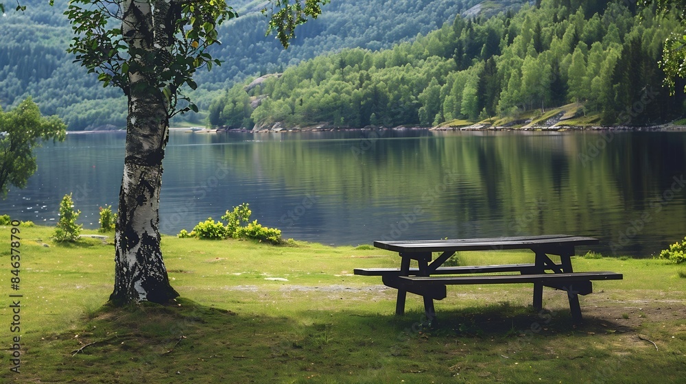 Norwegian lake with great views Landscape with a picnic table next to a lake and forest : Generative AI