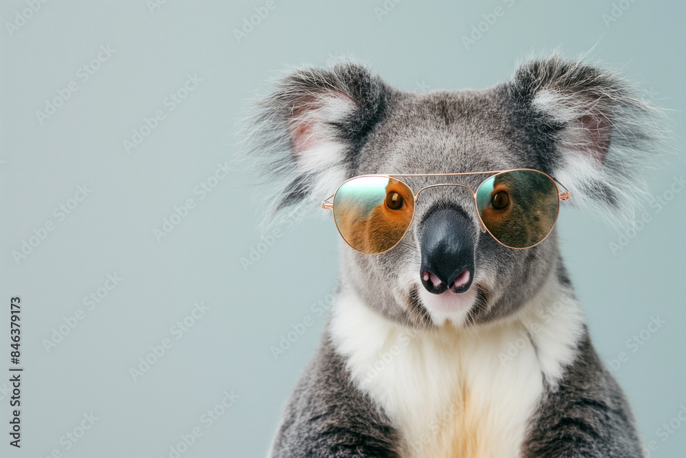 A studio close-up portrait photo of a cute koala wearing sunglasses, against a background of pastel shades. A studio close-up portrait photo of a cute koala wearing sunglasses, against a background of pastel shades.