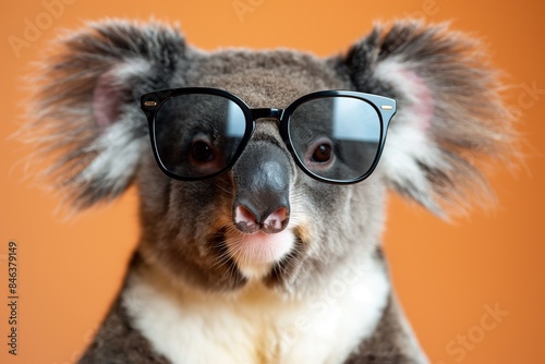 A studio close-up portrait photo of a cute koala wearing sunglasses, against a background of pastel shades.