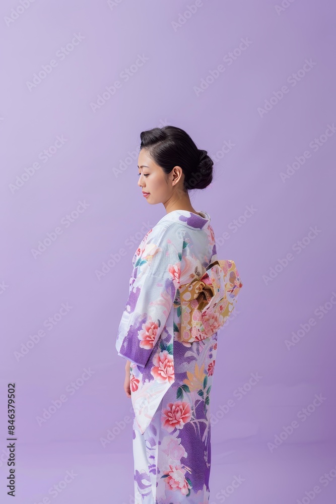 Graceful Japanese Woman in Elegant Kimono on Pastel Purple Background with Copyspace Graceful Japanese Woman in Elegant Kimono on Pastel Purple Background with Copyspace