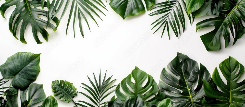 Naklejka premium Tropical Leaves and Monstera in Floral Arrangement on White Background
