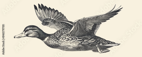 Duck flying hand drawn sketch engraving style vector illustration.