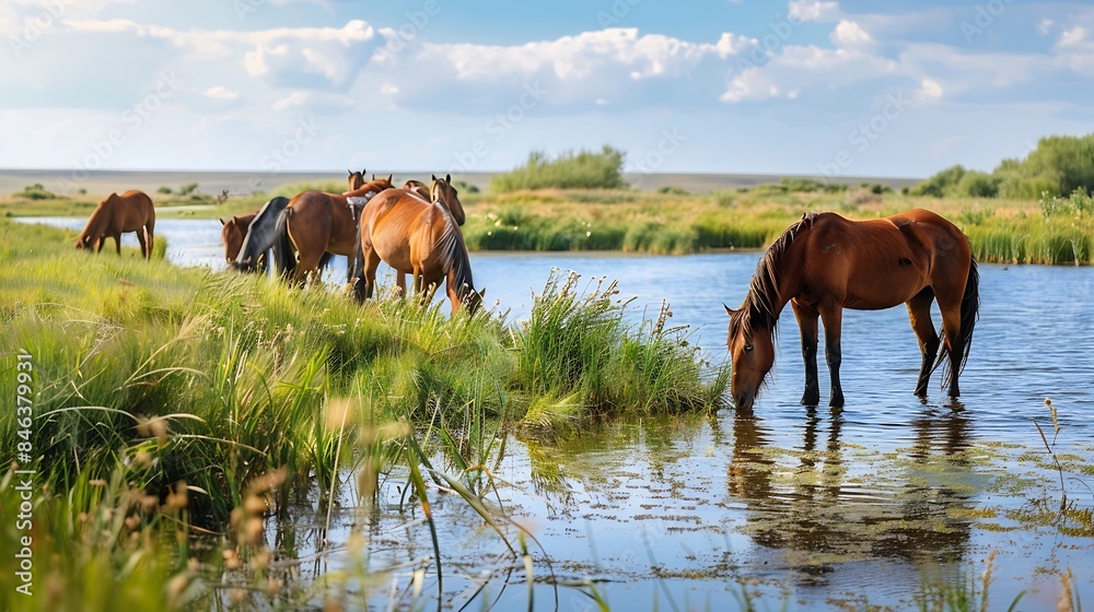 Obraz premium Scenic view of horses grazing in nature The river delta provides a tranquil backdrop for the animals The steppe landscape complements the natural beauty of the landscape : Generative AI