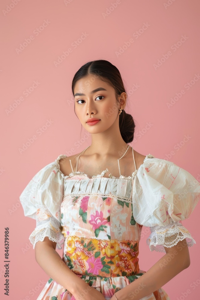 Filipina Beauty in Modern Filipiniana Dress on Light Pink Background with Copy Space Filipina Beauty in Modern Filipiniana Dress on Light Pink Background with Copy Space