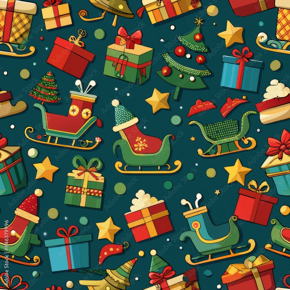 Fototapeta premium Seamless pattern of doodle sleighs filled with toys and wrapped packages, Generative AI