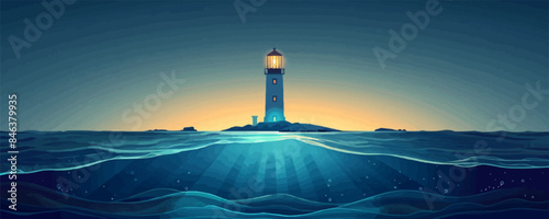 Underwater lighthouse or beacon house building. vector simple illustration
