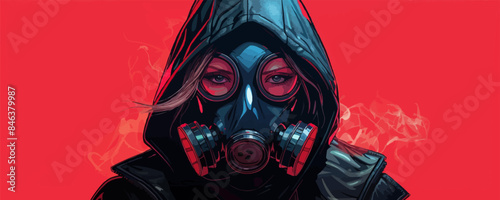 Fashion cyberpunk girl in leather hoodie jacket wears gas mask with protective glasse. vector simple illustration