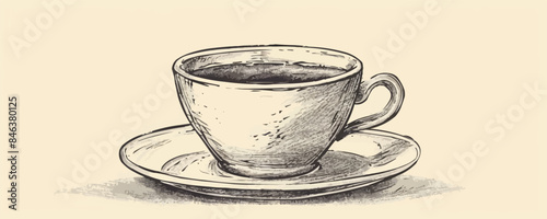 Cup of coffee on a saucer vintage sketch hand drawn engraved style. vector simple illustration \