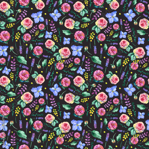 Watercolor Vintage Floral Seamless Pattern, Watercolor Bouquet of Red Roses and Wildflowers, Botanical Natural Digital Paper on White Background