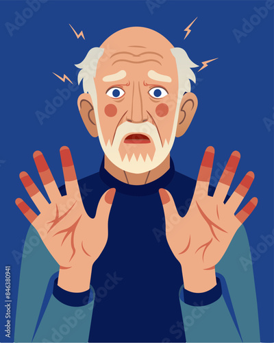 The skin on an elderly mans hands is marred by jagged lines hinting at a long history of worry and strain.. Vector illustration