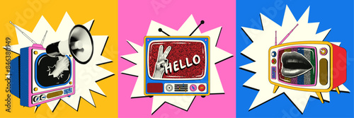 Set of welcome square posters in retro collage style. Vintage televisions in a composition with a hand with a loudspeaker, female lips with a halftone effect.
