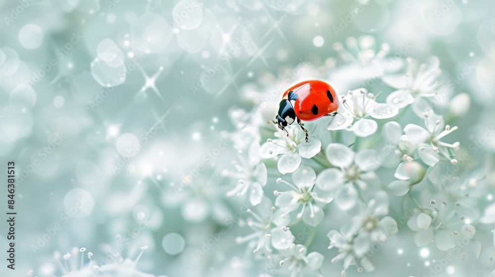  A ladybug atop a white bloom, amidst a hazy backdrop of snowflakes and snow speckles
