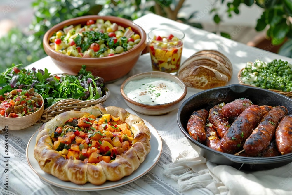National Day of Catalonia (Spain). A photo of a traditional Catalan meal spread out on a table, showcasing typical dishes like botifarra (Catalan sausage), escalivada (roasted vegetable salad). National Day of Catalonia (Spain). A photo of a traditional Catalan meal spread out on a table, showcasing typical dishes like botifarra (Catalan sausage), escalivada (roasted vegetable salad).