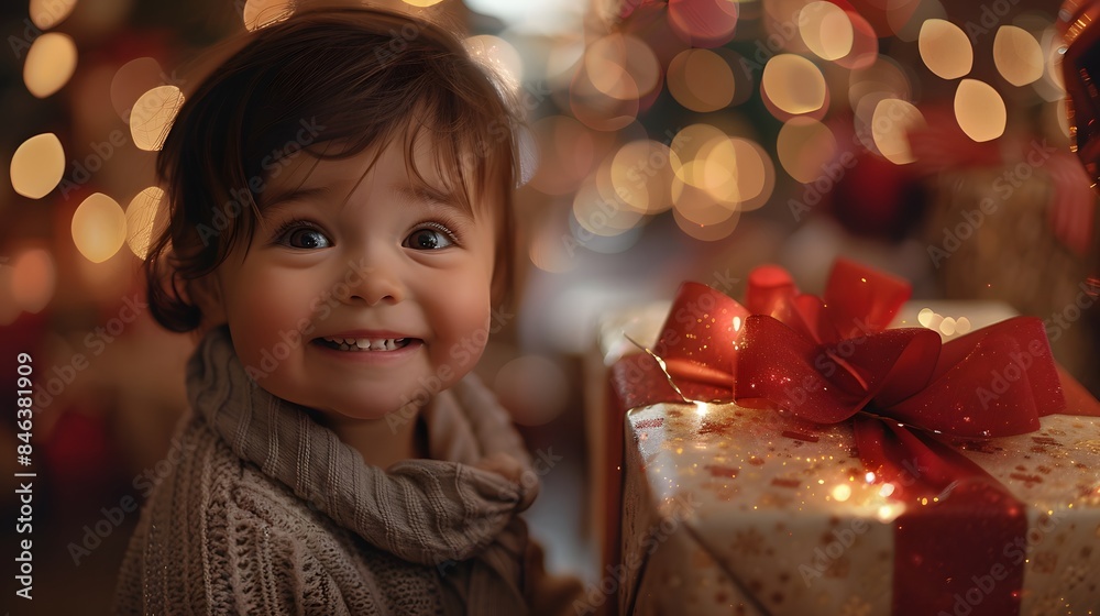 A young child with wide eyes and a beaming smile, standing next to a brightly wrapped gift box adorned with a large bow and sparkling lights, capturing the excitement of discovery A young child with wide eyes and a beaming smile, standing next to a brightly wrapped gift box adorned with a large bow and sparkling lights, capturing the excitement of discovery