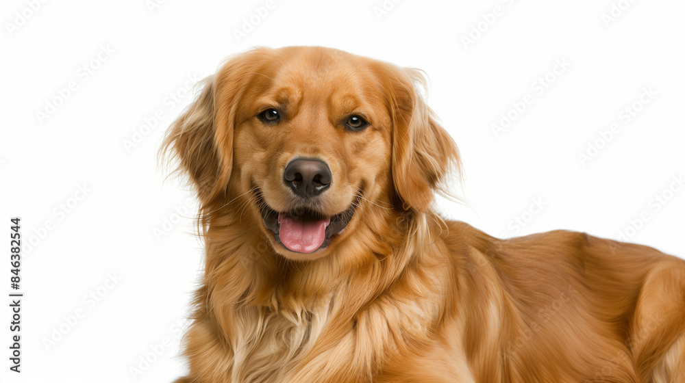 Very happy smiling dog portrait isolated on transparent background. Head shot of Golden Retriever looking very interested. Dog portrait. A shot to the head of a golden retriever looks very interesting