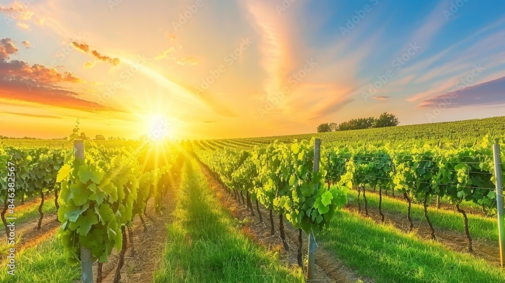 Naklejka premium green vines, grass foreground; blue sky, clouds background