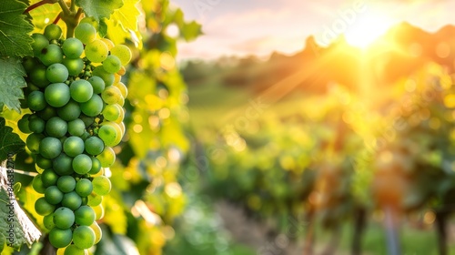 Green grapes dangle from a vine, ripe and sun-kissed under shimmering leaves Ready for picking photo
