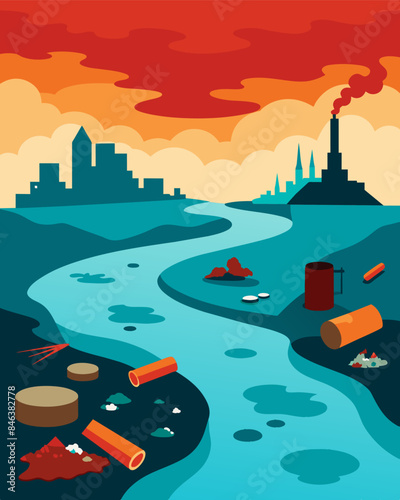 Garbage and debris swirl together in the polluted river creating a heartbreaking reminder of the impact of industrial pollution.. Vector illustration