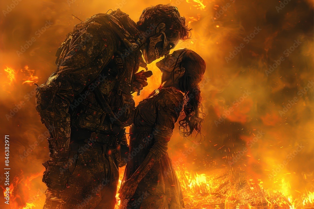 A dramatic, fiery scene with a post-apocalyptic vibe showing two individuals seemingly in a standoff amidst flames. A dramatic, fiery scene with a post-apocalyptic vibe showing two individuals seemingly in a standoff amidst flames.
