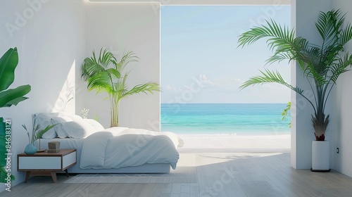 A 3D rendering of a white modern hotel bedroom interior featuring a bed, a drawer with decorations, and a plant on a hardwood floor. © Yusif