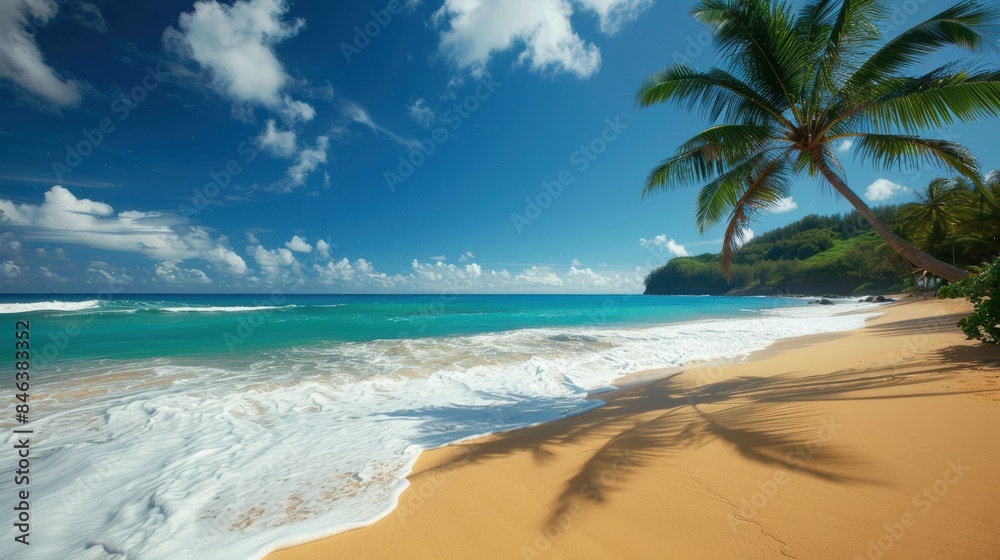 A tranquil beach scene with golden sand, turquoise waves, and palm trees swaying in the breeze A tranquil beach scene with golden sand, turquoise waves, and palm trees swaying in the breeze