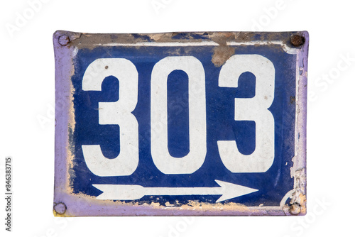 Weathered grunge square metal enameled plate of number of street address with number 303 isolated on white background