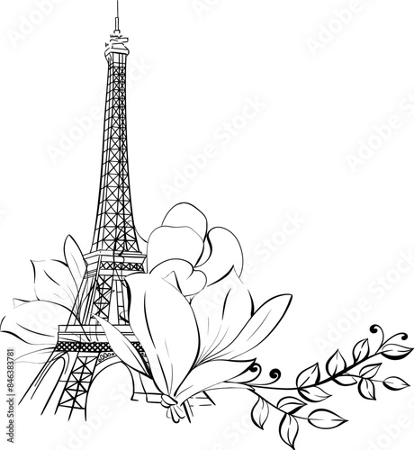Wallpaper Mural Vector illustration border of Eiffel Tower and flower. Magnolia springtime romantic in Paris for poster, greeting card, print with hand drawn. France famous symbol. Black silhouette for circuit Torontodigital.ca