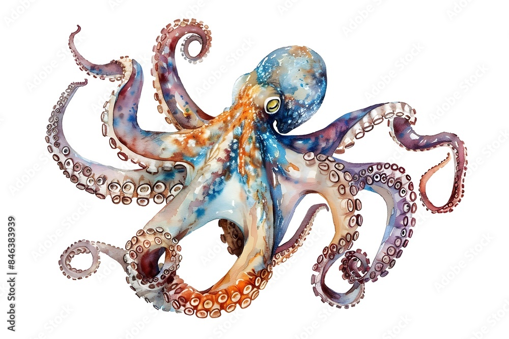 Vibrant Watercolor of a Captivating Octopus Isolated on a White Background Vibrant Watercolor of a Captivating Octopus Isolated on a White Background