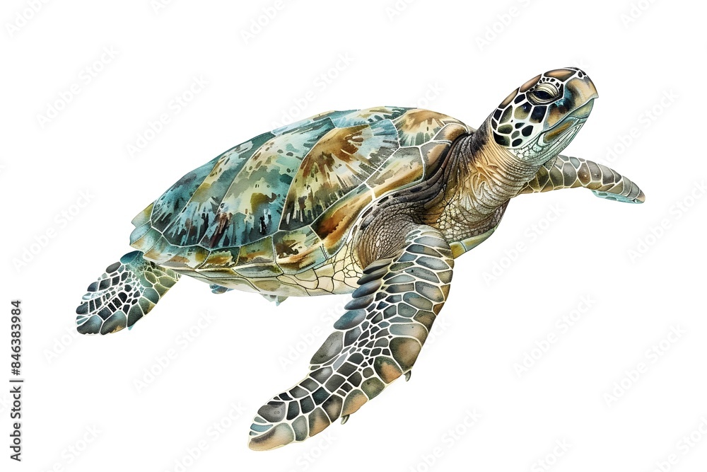 Fototapeta premium Watercolor of a Majestic Sea Turtle Against a White Background