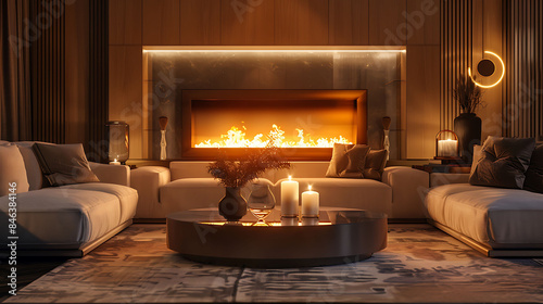 A stylish living room with a contemporary sofa and a warm fire, captured in high definition © Izhaan