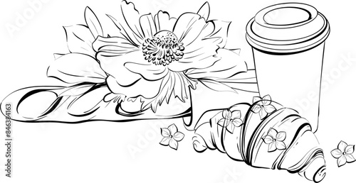 Vector Traditional french croissant and baguette with Paper cup of coffee . French pastry dessert. Paris café bakery, hand drawn illustration. Black silhouette for circuit. Design of postcards, menus