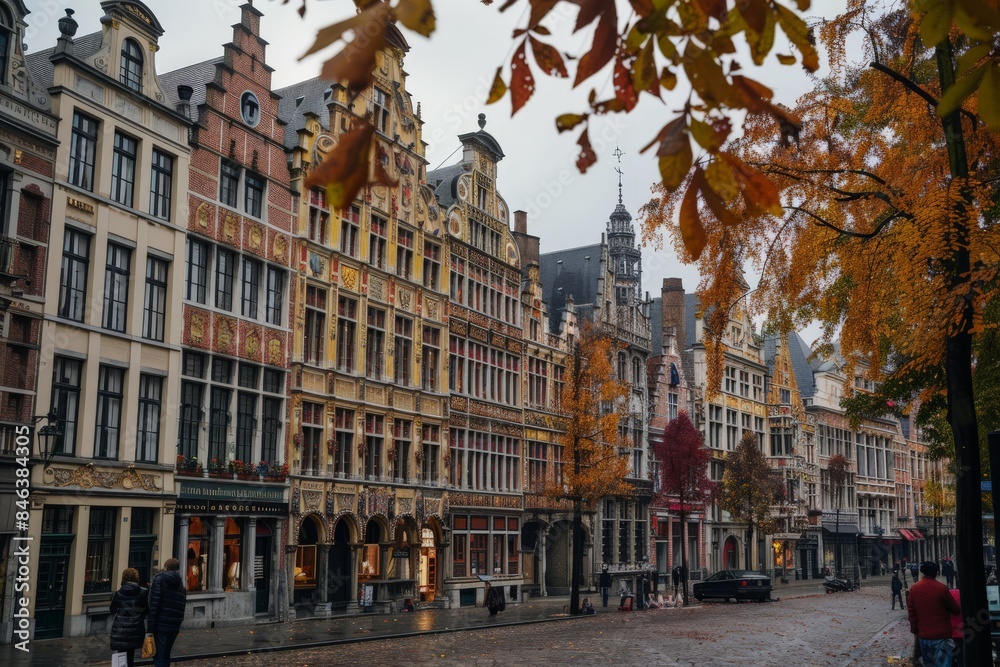 Naklejka premium A view of classic European buildings with colorful facades during the fall season, with people and cobblestone streets