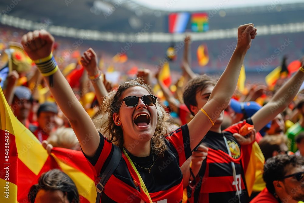Fans in vibrant colors and faces painted showing their support and excitement at a soccer match Fans in vibrant colors and faces painted showing their support and excitement at a soccer match