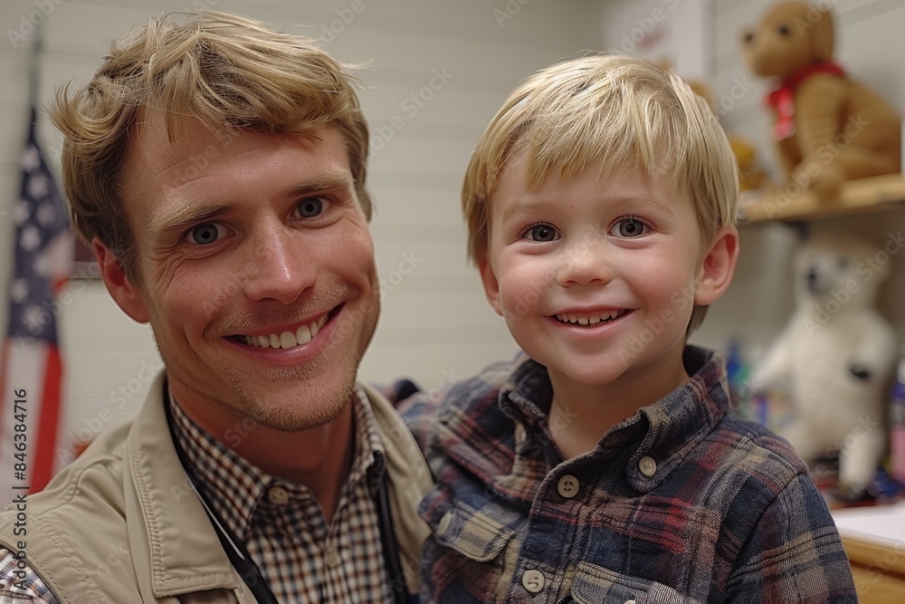 Smiling father and young son enjoying a happy moment together, with toys and an American flag in the background. Smiling father and young son enjoying a happy moment together, with toys and an American flag in the background.