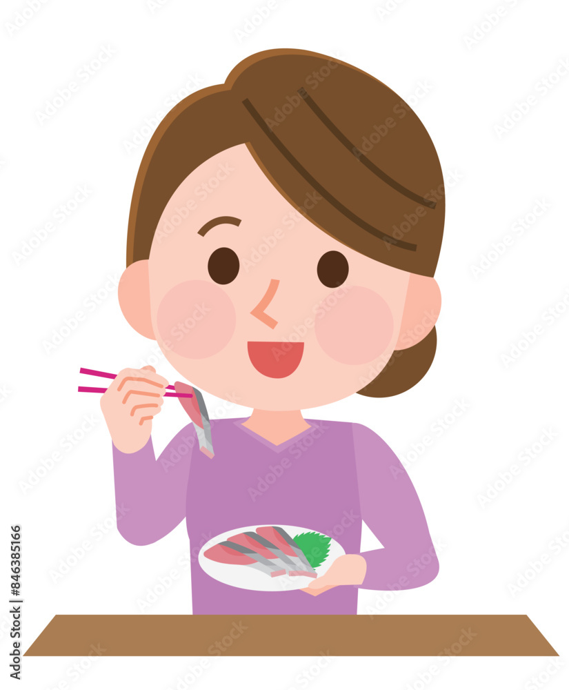 刺身をおいしそうに食べる女性 イラスト 刺身をおいしそうに食べる女性 イラスト